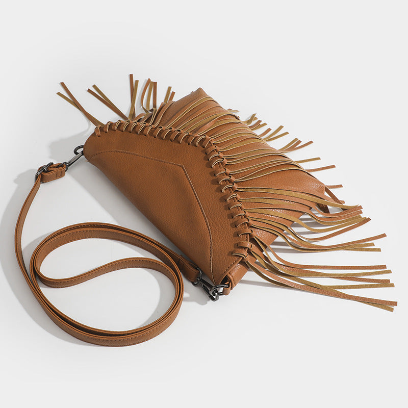 Fringed Matte Shoulder Bag – Retro & Spacious